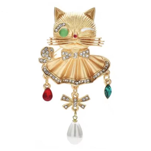 Winking Cat Tassel Brooch Faux Pearl Waterdrop Gold Tone Metal Whimsical Fun - Picture 1 of 3